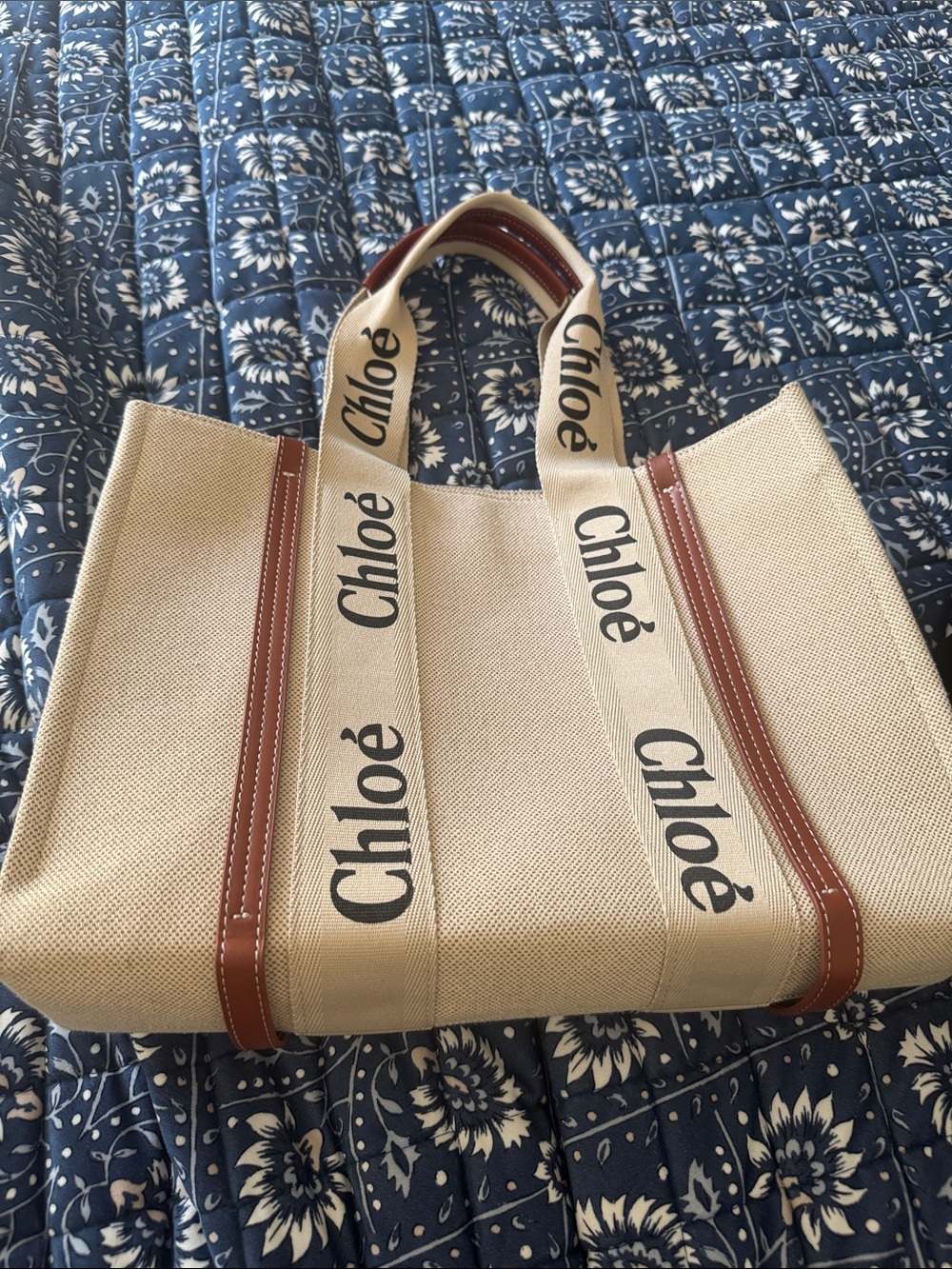 Beige Canvas Logo Tote Bag with Brown Trim